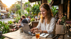 Cyfrowy nomada pracujący zdalnie z laptopem – digital nomad i praca zdalna z wirtualnym biurem M⋮BIURO