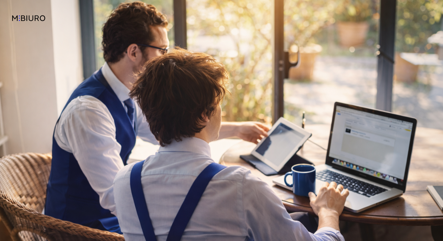 dwóch przedsiębiorców pracujących przed komputerami Wirtualne biuro M⋮BIURO – profesjonalny adres dla firmy bez wynajmu lokalu w centrum Warszawy