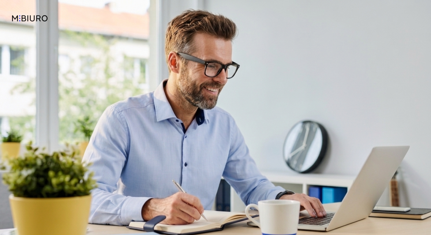 przedsiębiorca przy biurku księgowanie Księgowy M⋮BIURO podczas wideorozmowy z klientem – obsługa online i stacjonarna